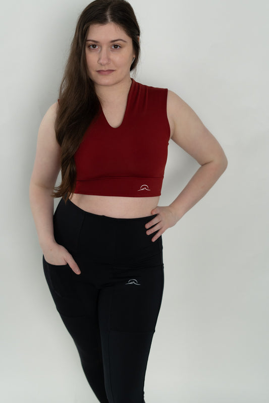 Red V Neck Sports Bra Top