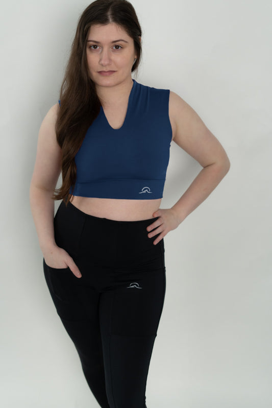 Dark Blue V Neck Sports Bra Top